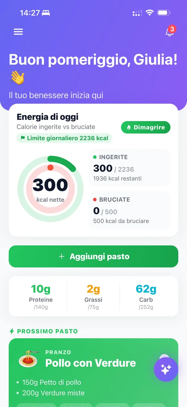 Home dell'app: energia di oggi, macronutrienti e prossimo pasto